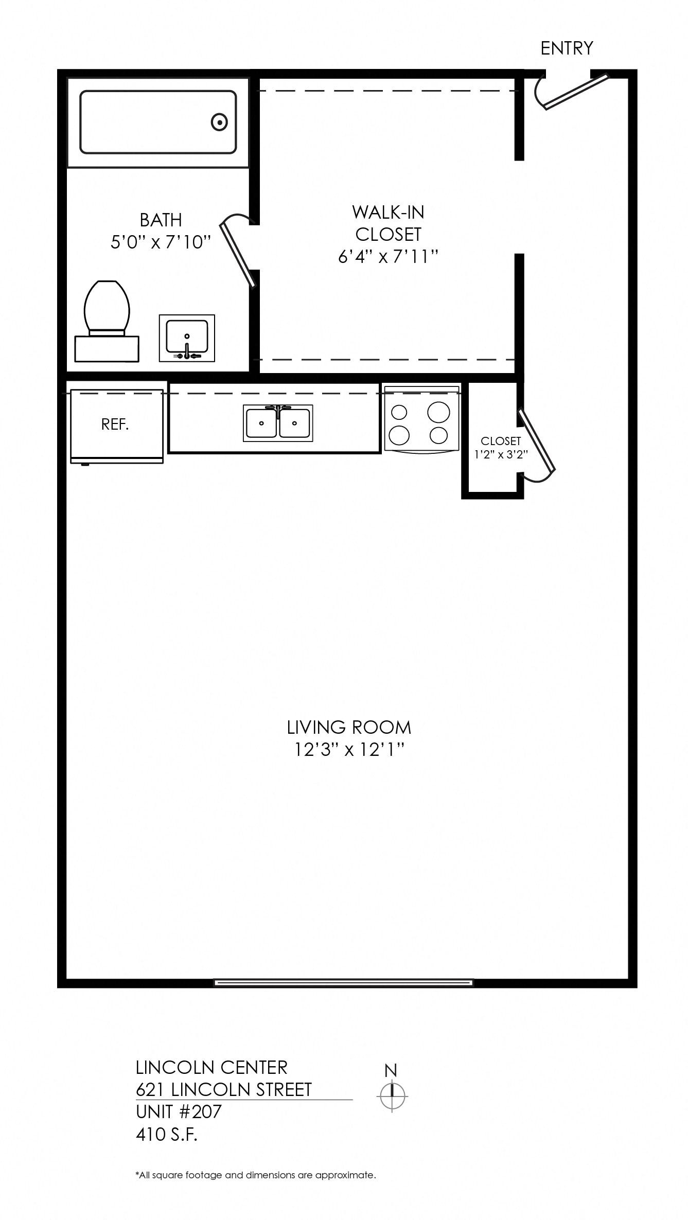 Floor plan for studio, 1 bath, 375 sqft